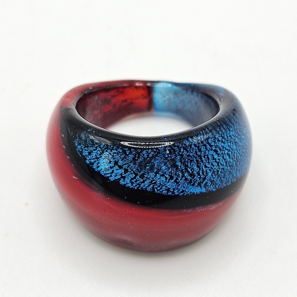 Murano Glass Domed Red and Blue Swirl Large Statement Cocktail Ring Size 9